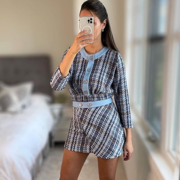 BLOGGER'S FAVE! Zara Textured Weave Mini Skirt Blue Sz M NWT - Picture 8 of 13